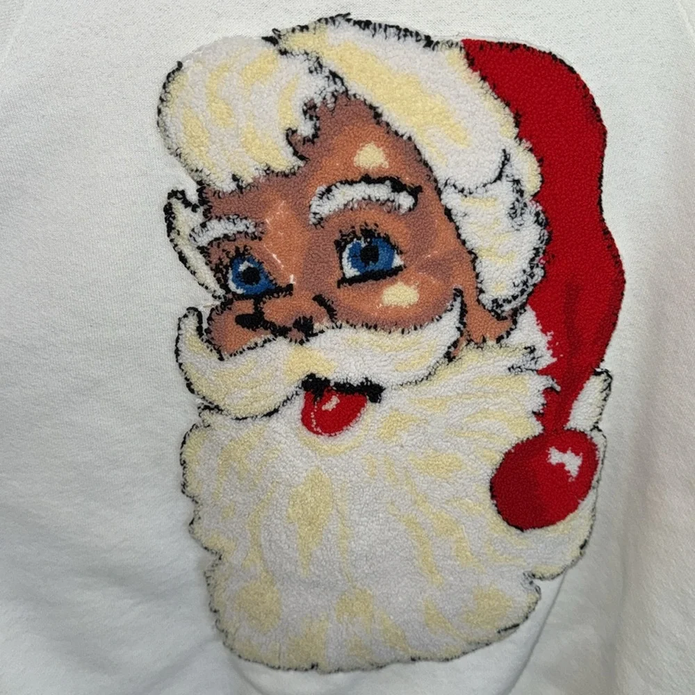 Vintage rare USA made white sweatshirt raised Santa 3D tufted rug graphic XL